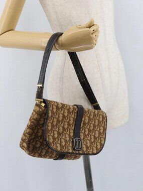 Christian Dior Trotter Canvas Shoulder Bag Brown Gold